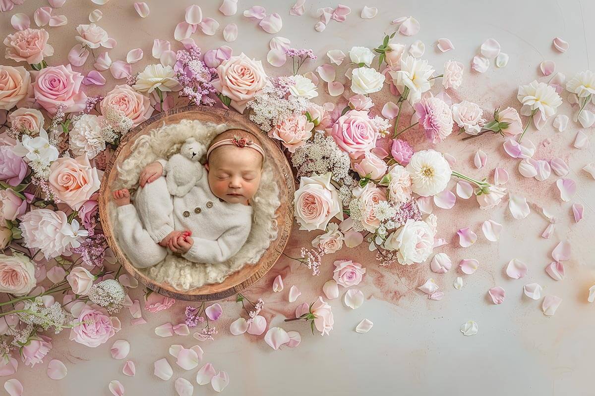A baby girl sleeps in a wooden bowl surrounded by pink and white florals while wearing a white onesie