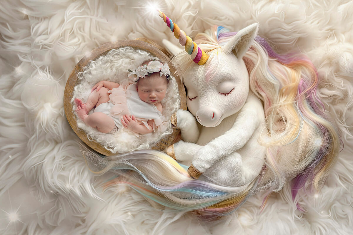 A unicorn snuggles a sleeping newborn on a bed of white fur in a wooden bowl after some newborn classes in Springfield, IL