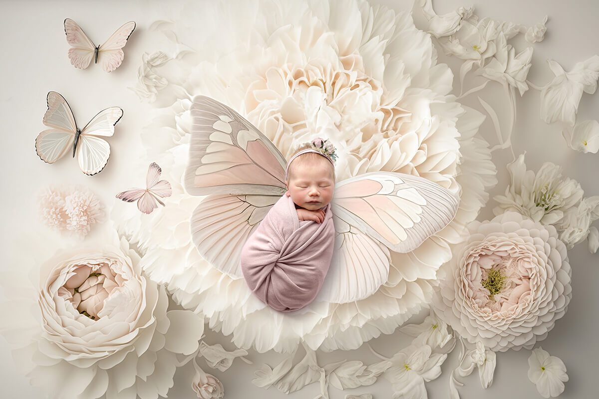 A content sleeping newborn in a swaddle with butterfly wings on a white carnation after some newborn classes in Springfield, IL