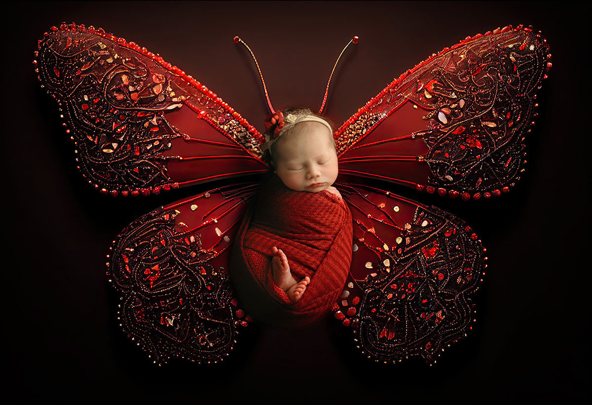 A newborn baby sleeps in a red swaddle with bejeweled butterfly wings