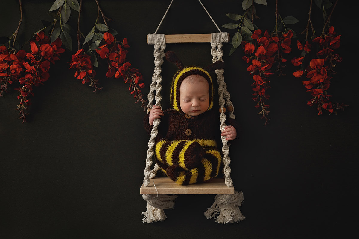 A newborn baby in a bumble bee onesie sits in a swing in a studio with red flowers after visiting birthing centers in Springfield, IL