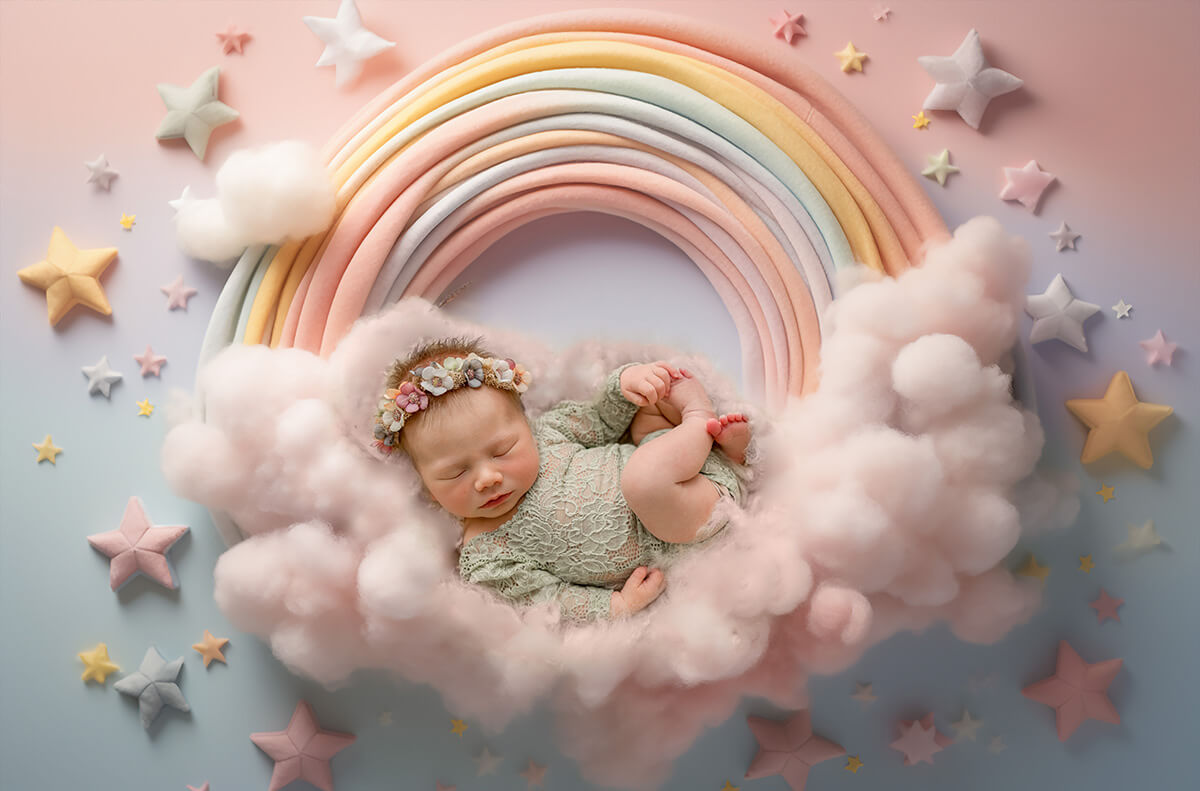 A baby girl in a lace green onesie sleeps on clouds under a rainbow in a studio