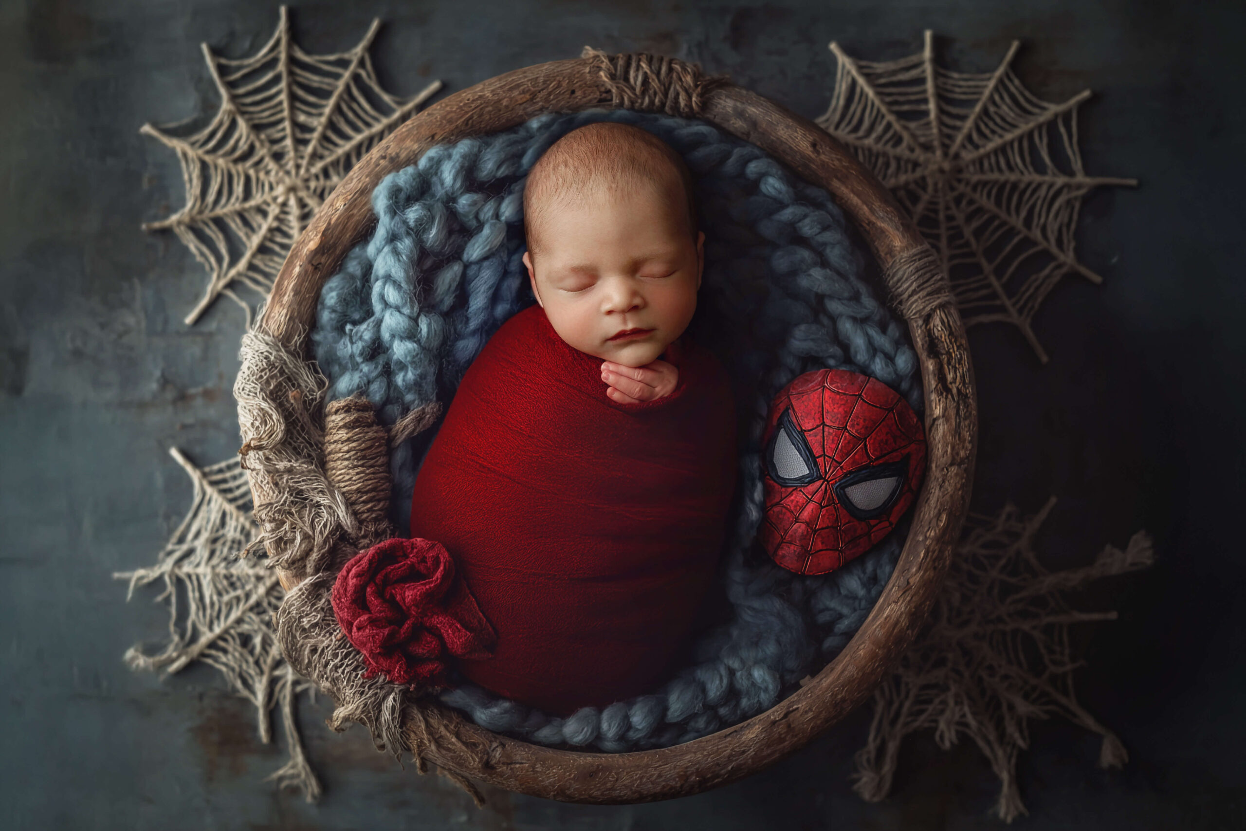 A newborn abby sleeps in a red swaddle in a wooden bowl with a spiderman mask