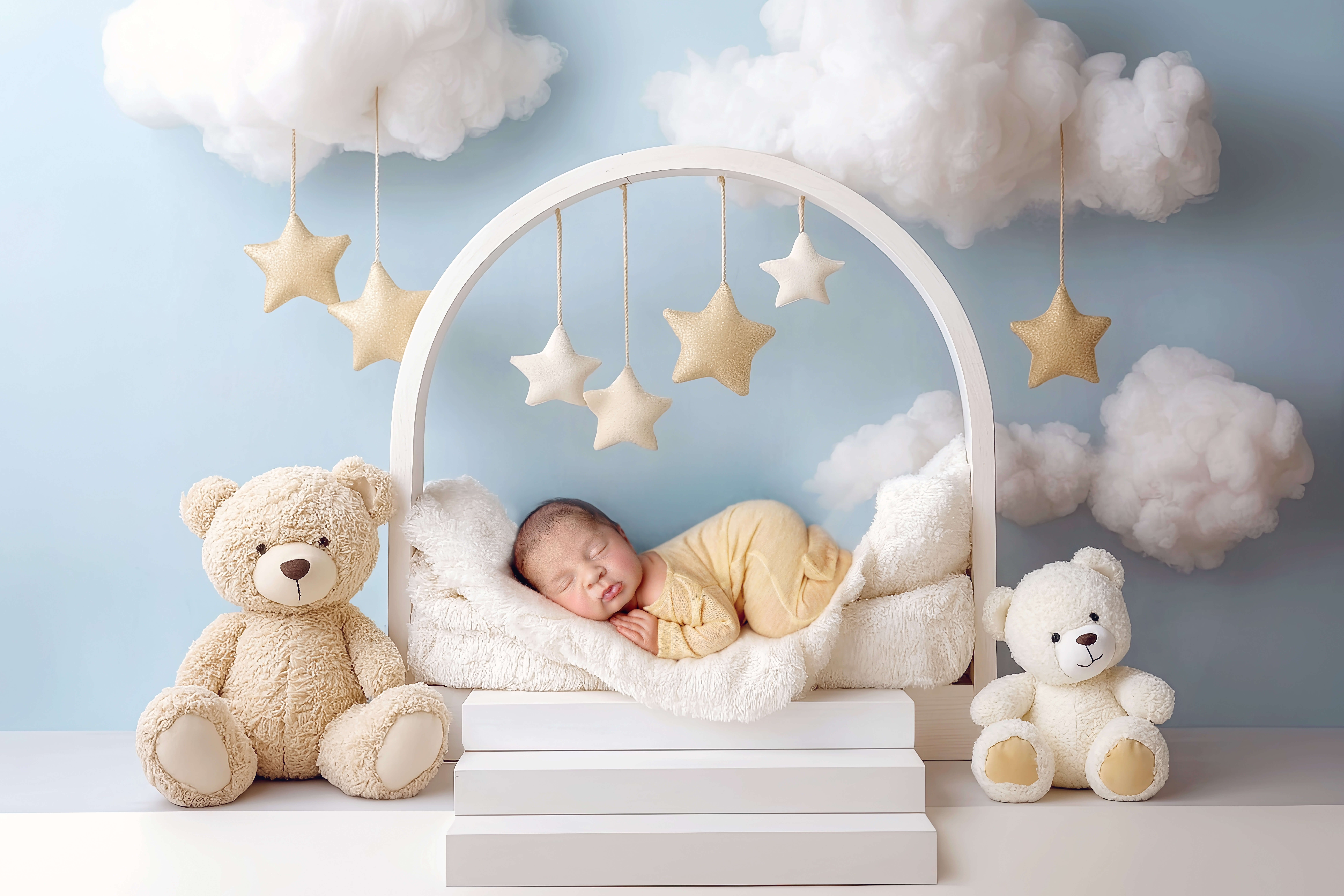 A newborn baby in a yellow onesie sleeping on a blanket on a shelf under clouds and stars with teddy bears after mom found prenatal chiropractors in bloomington il