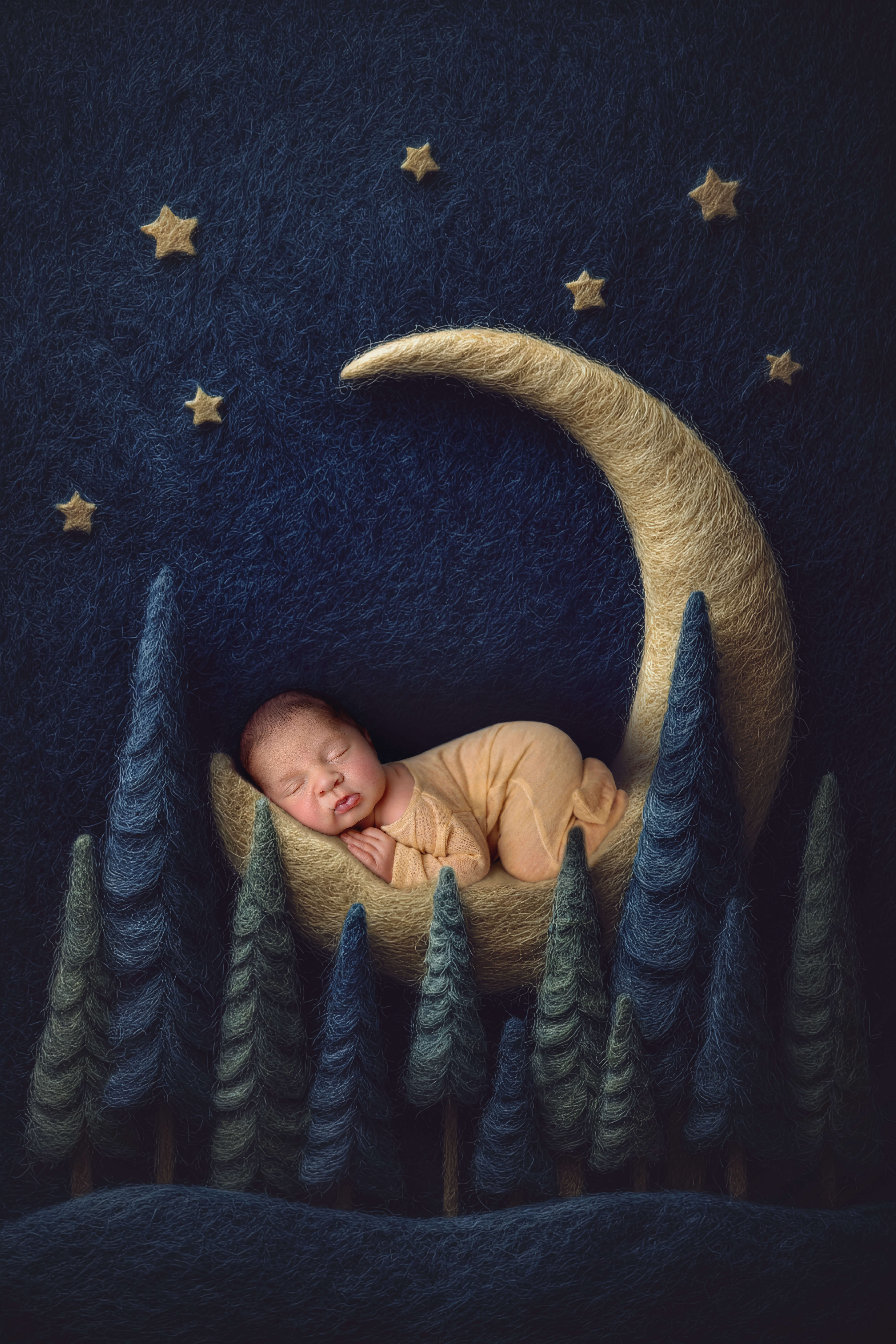 A newborn baby sleeps on a felt moon in a matching onesie
