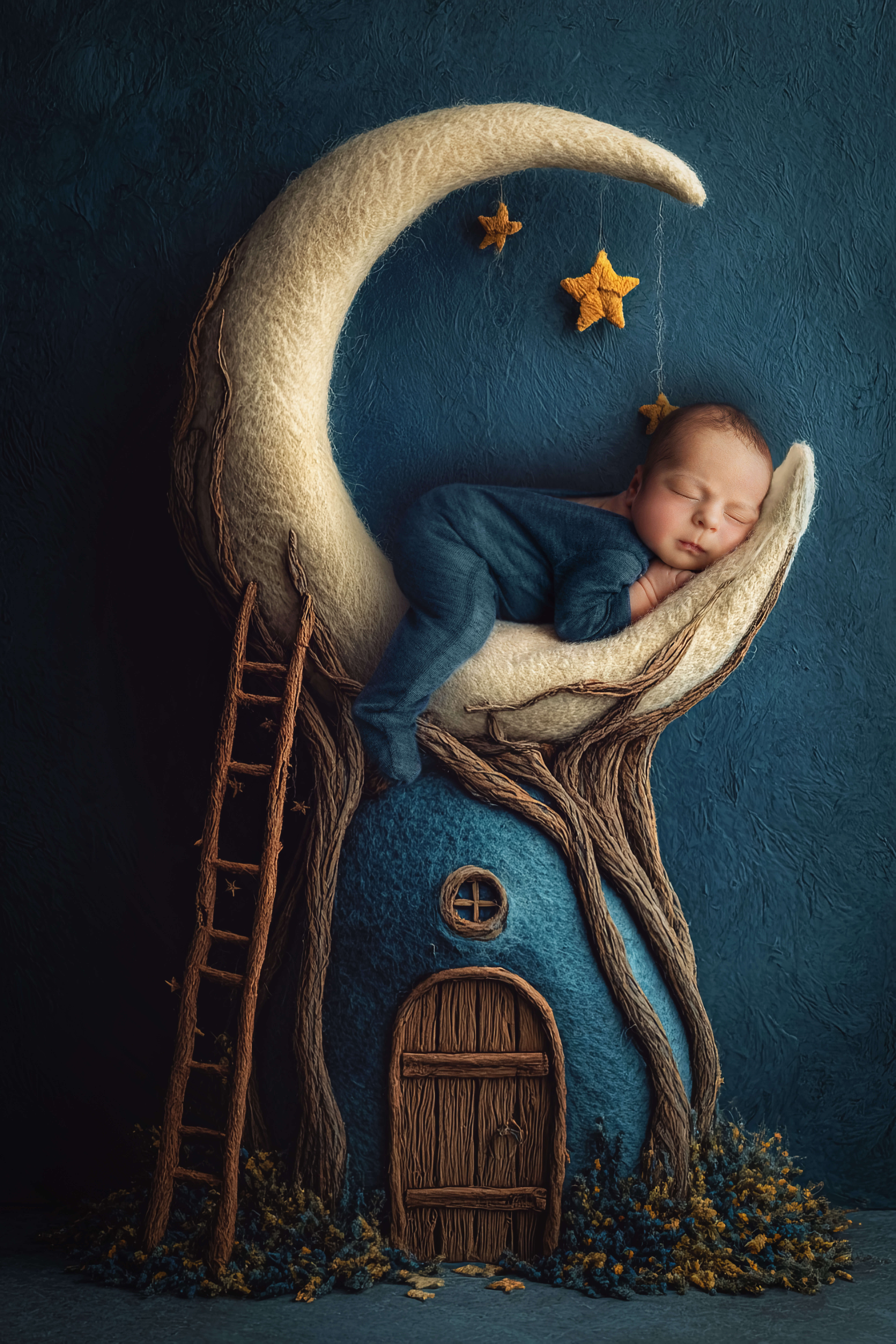 A newborn baby in a blue onesie sleeps on a moon over a hobbit home after mom had a prenatal massage in bloomington il