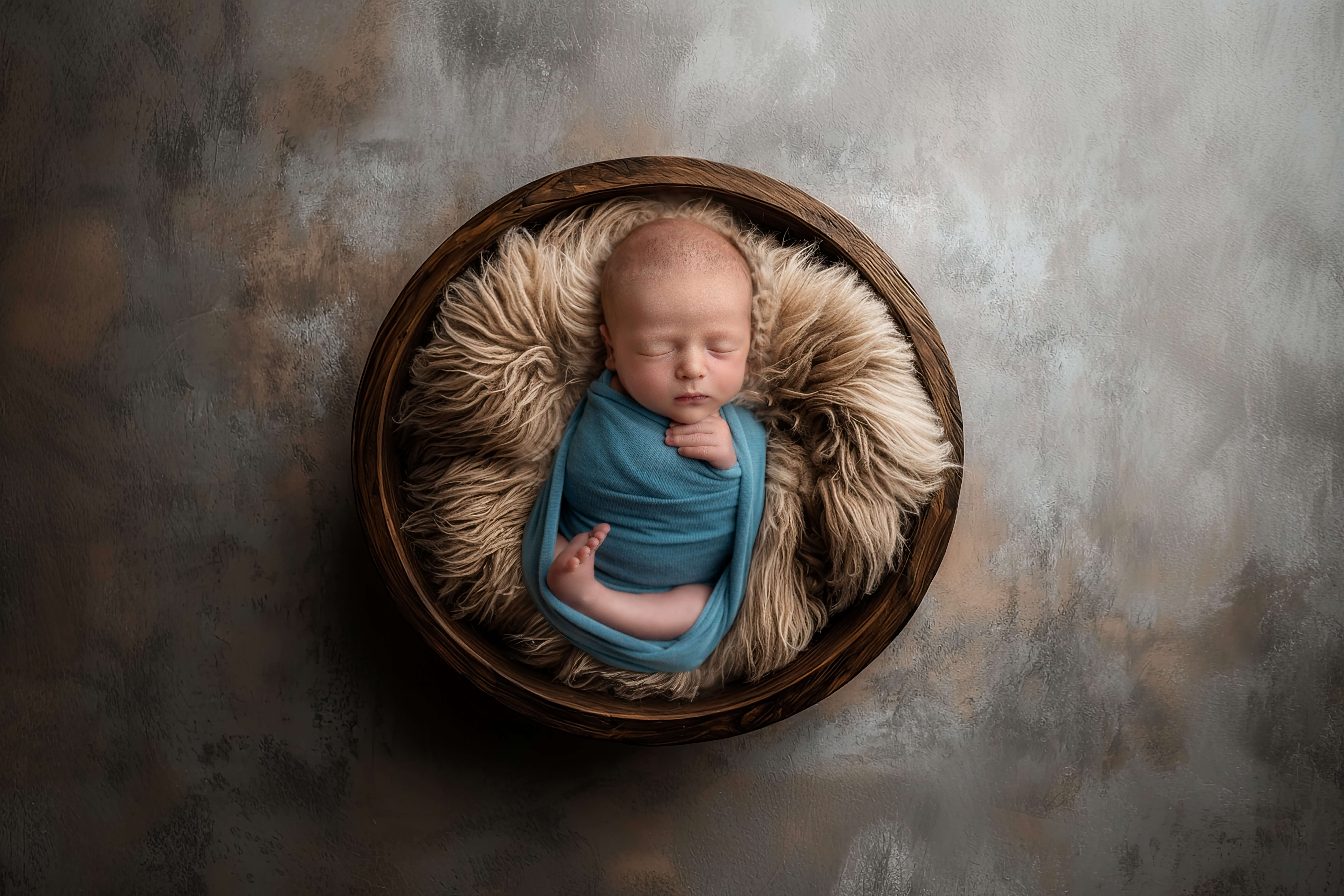 a newborn baby boy in a blue swaddle sleeping in a wooden bowl