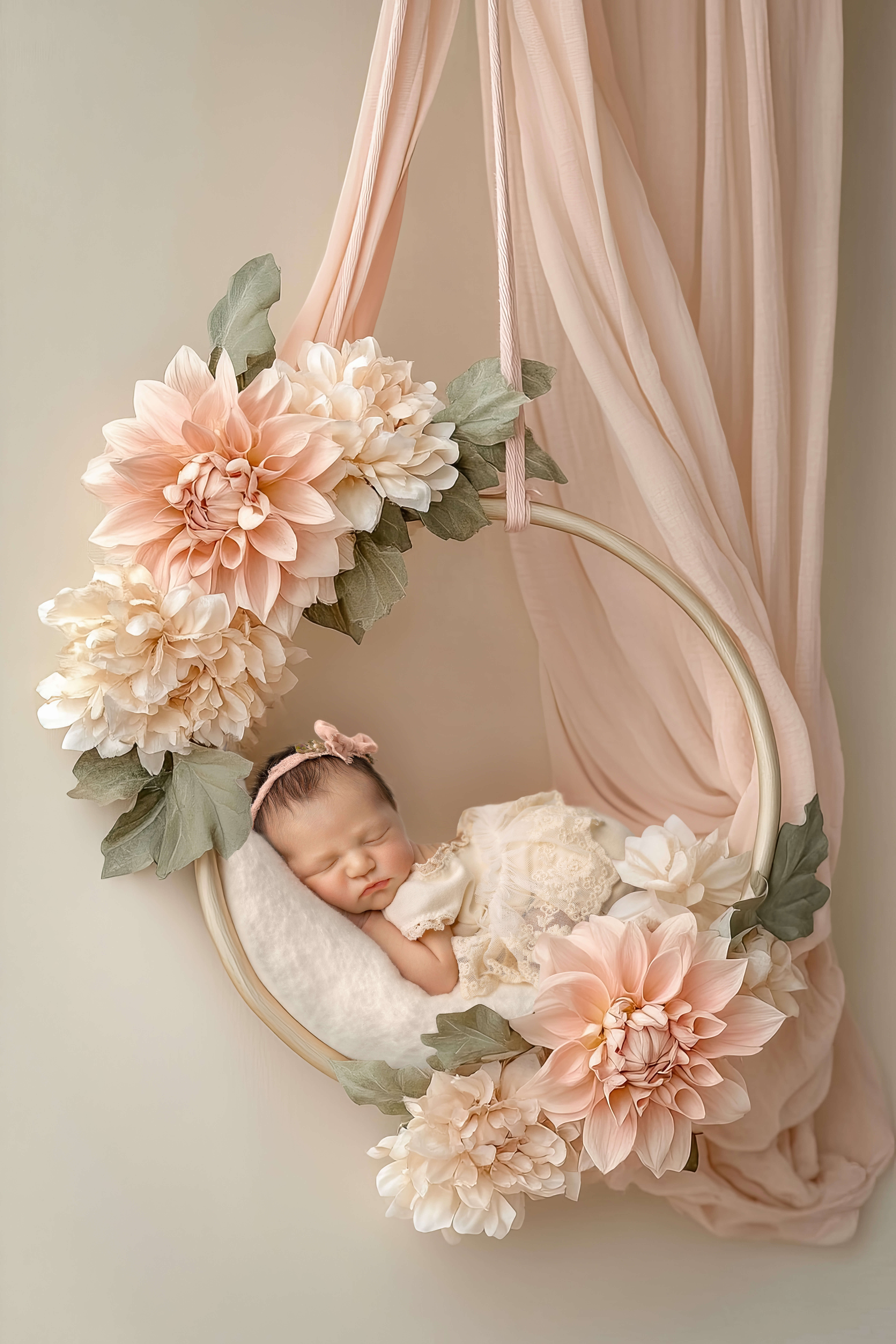 A sleeping newborn baby girl swings in a circle swing covered in pink flowers after visiting baby stores in Peoria, il