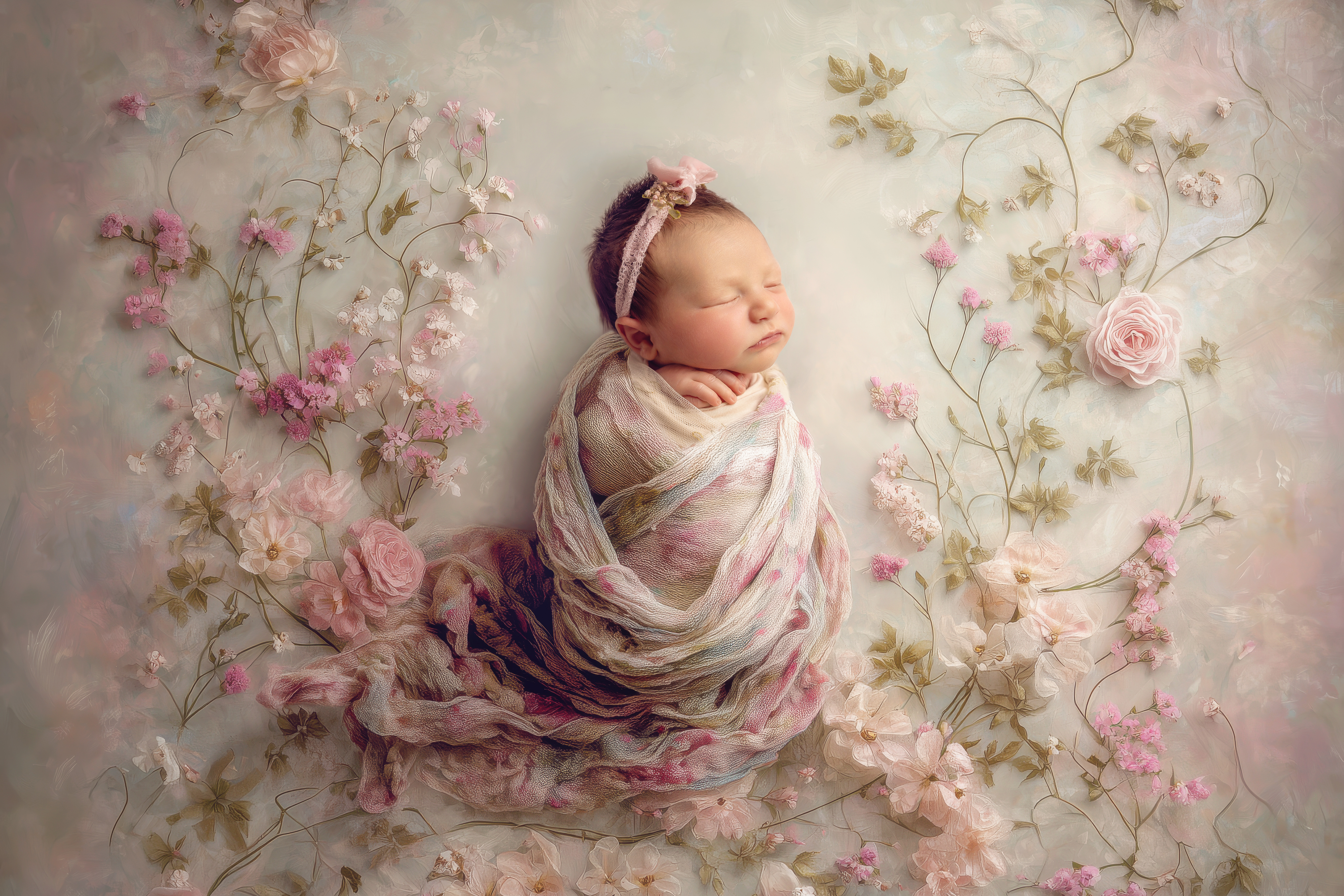 A newborn baby girl in a flower print swaddle sleeping in a matching pink headband