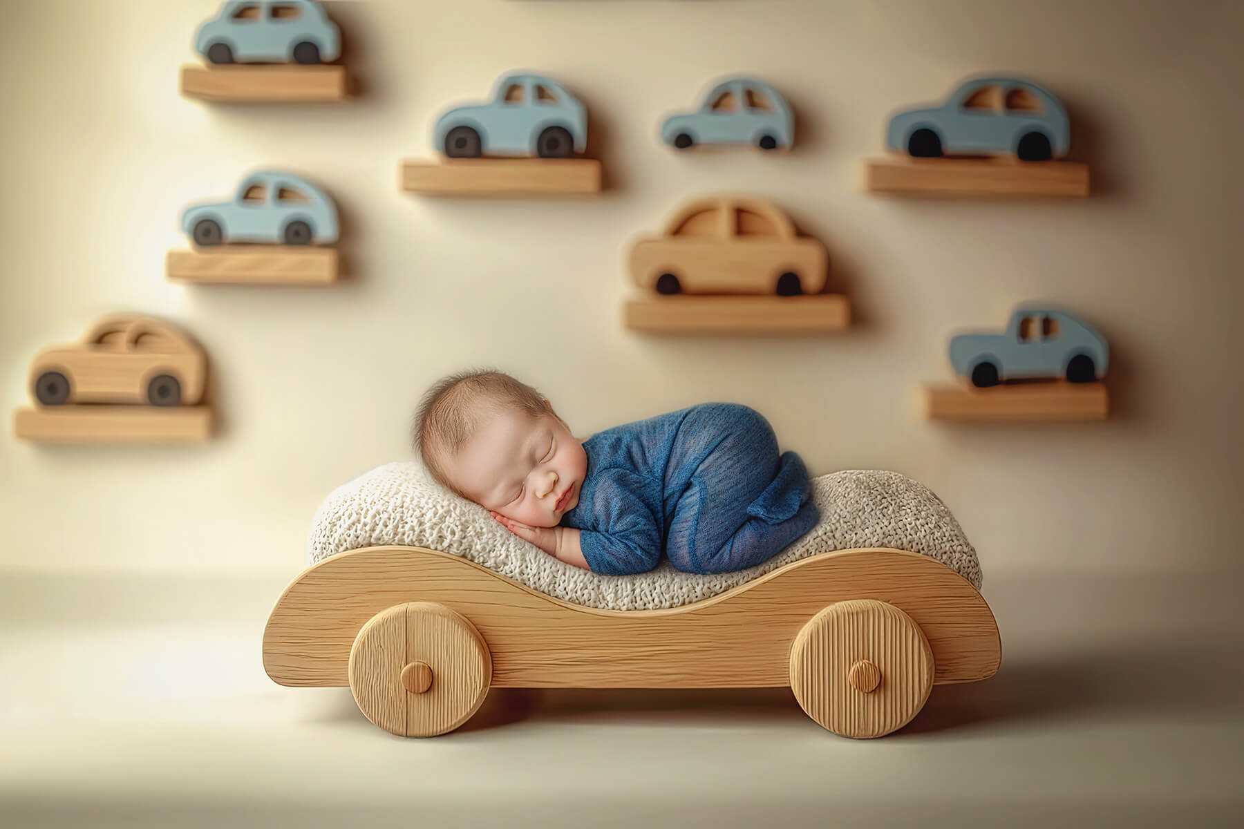 A newborn baby sleeps on a wooden car bed in a blue onesie