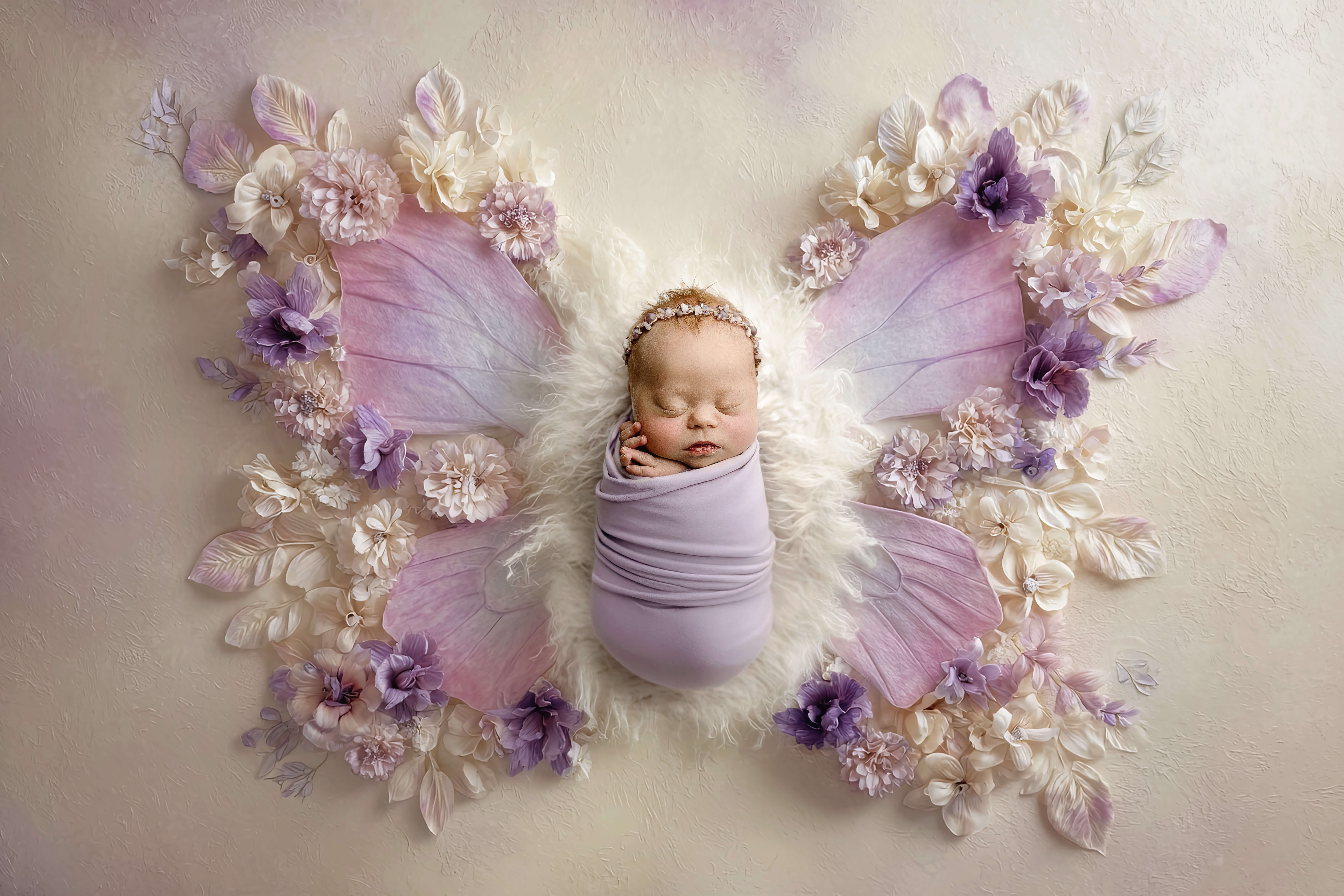 A sleeping newborn baby in a purple swaddle with butterfly wings made of flowers after meeting doulas in peoria, IL