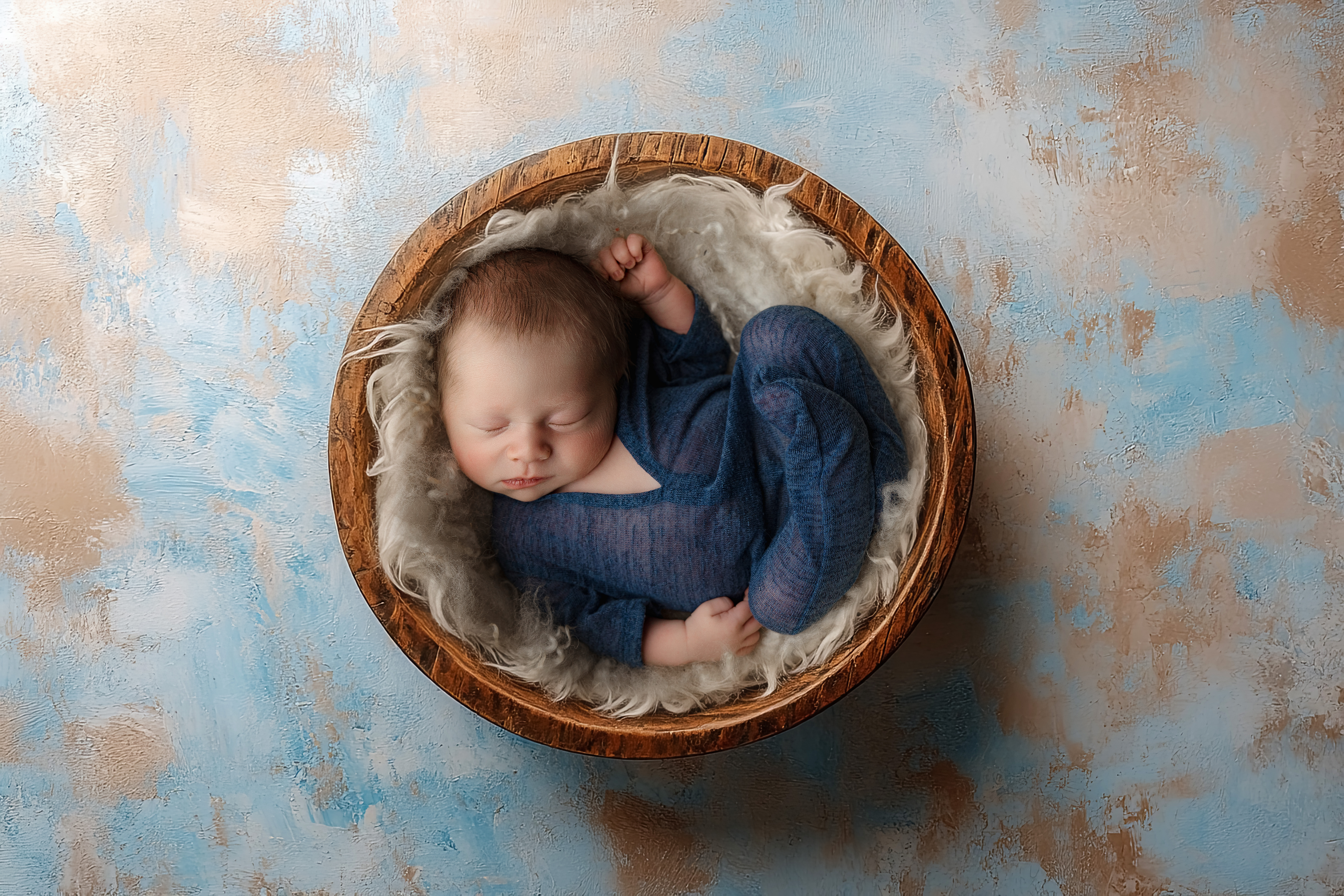 A newborn baby in a blue onesie sleeps curled up in a wooden bowl after meeting lactation consultants in peoria il