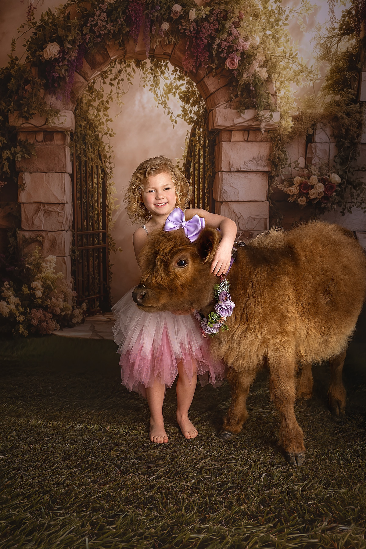 A toddler girl ina. pink dress hugs a furry baby cow in a studio