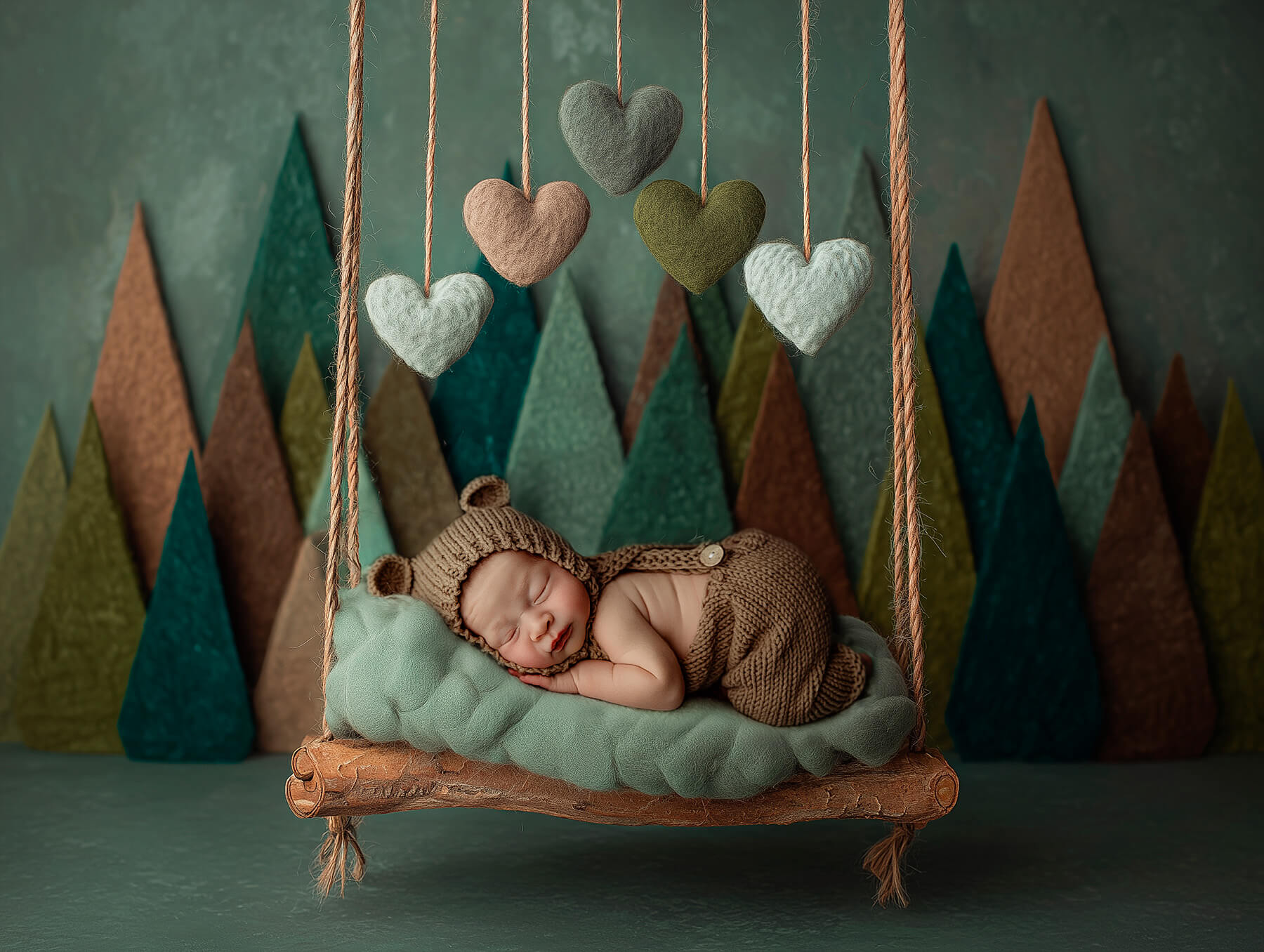 A newborn baby sleeps under felt hearts on a swing in knit overalls and teddy bonnet