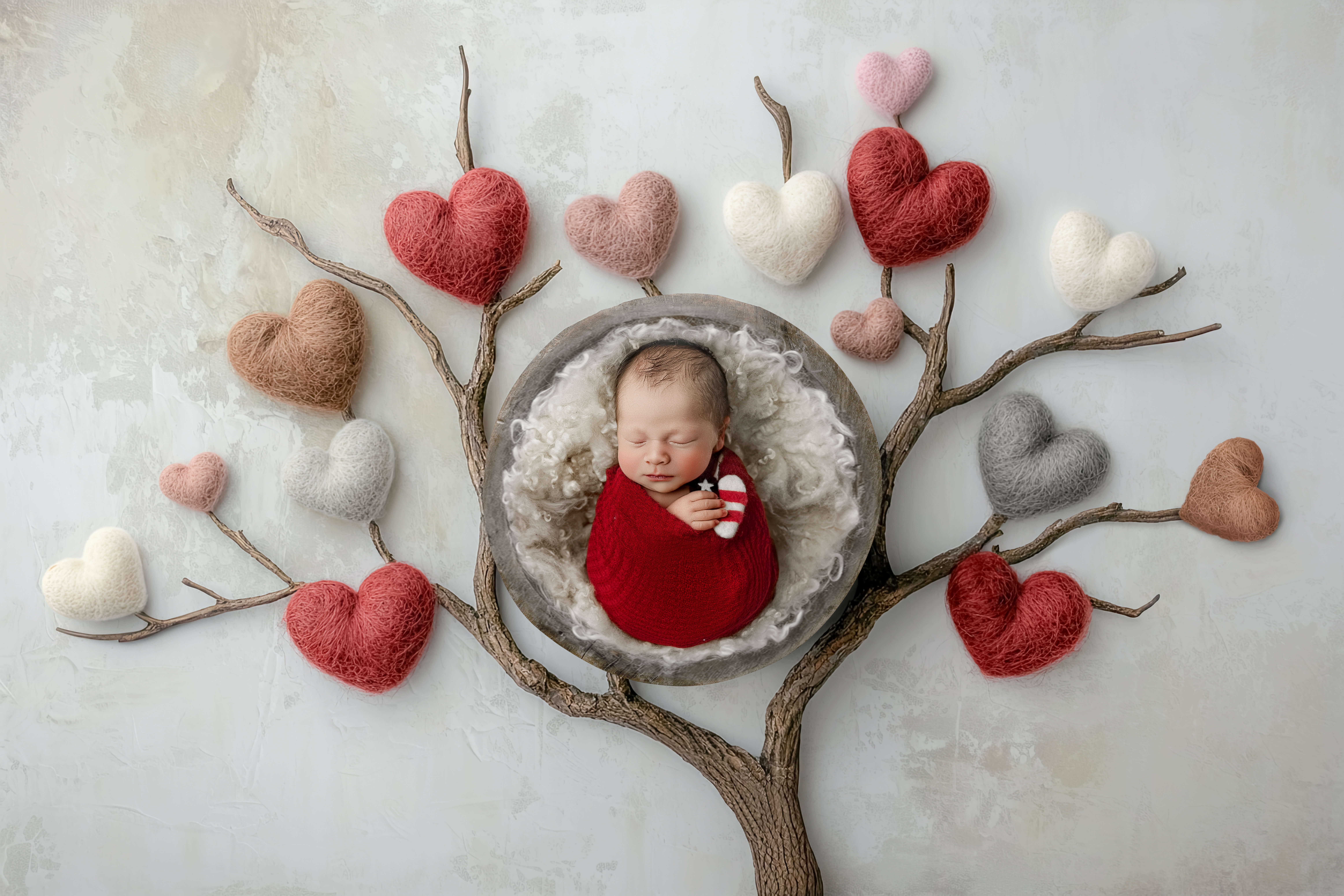 A newborn baby holds a felt heart in a wooden bowl surrounded by a tree branch after using baby shower venues in peoria il