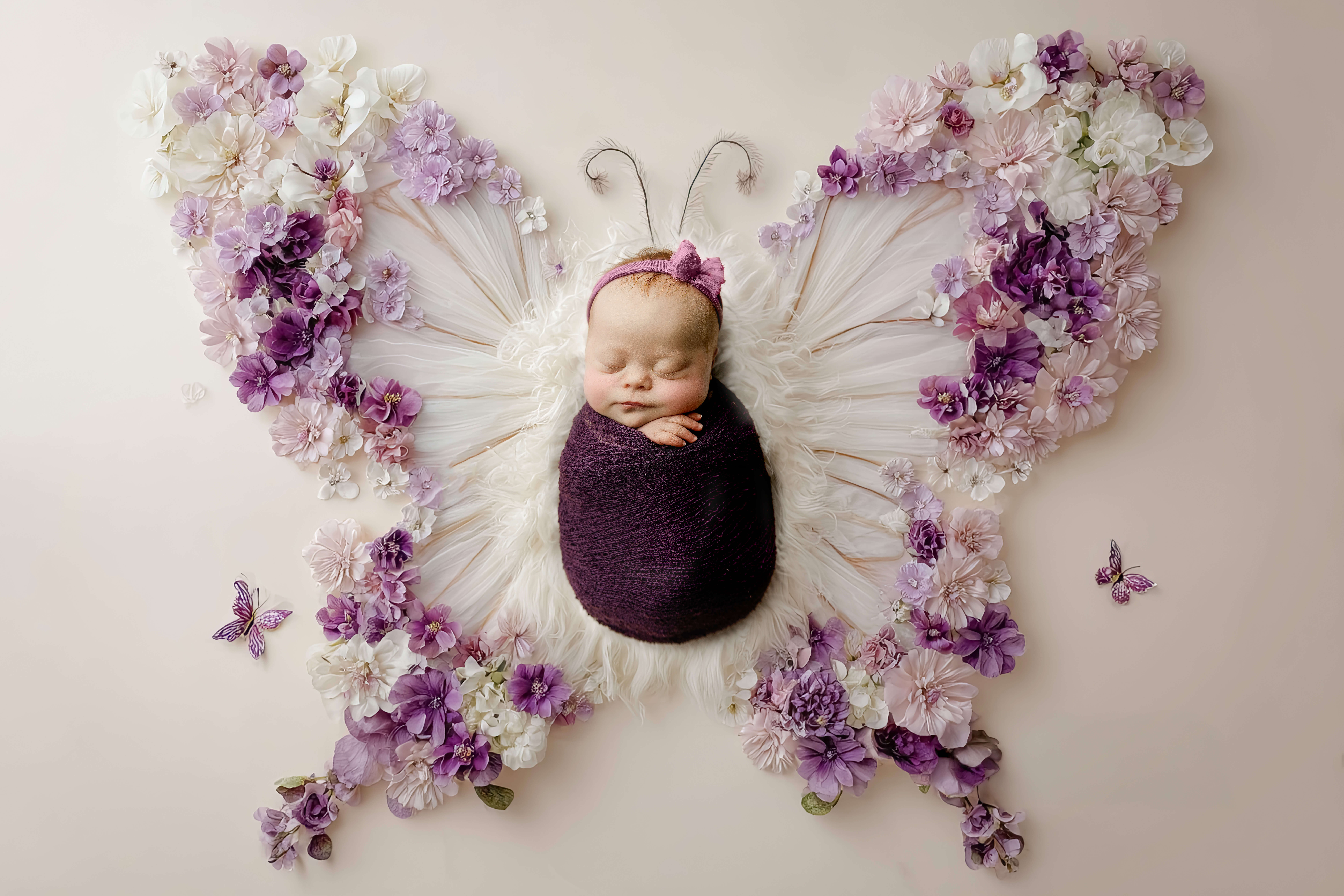 A sleeping newborn baby girl in a purple knit swaddle and pink headband sleeps in the middle of flowers placed like butterfly wings after visiting baby shower venues in peoria il