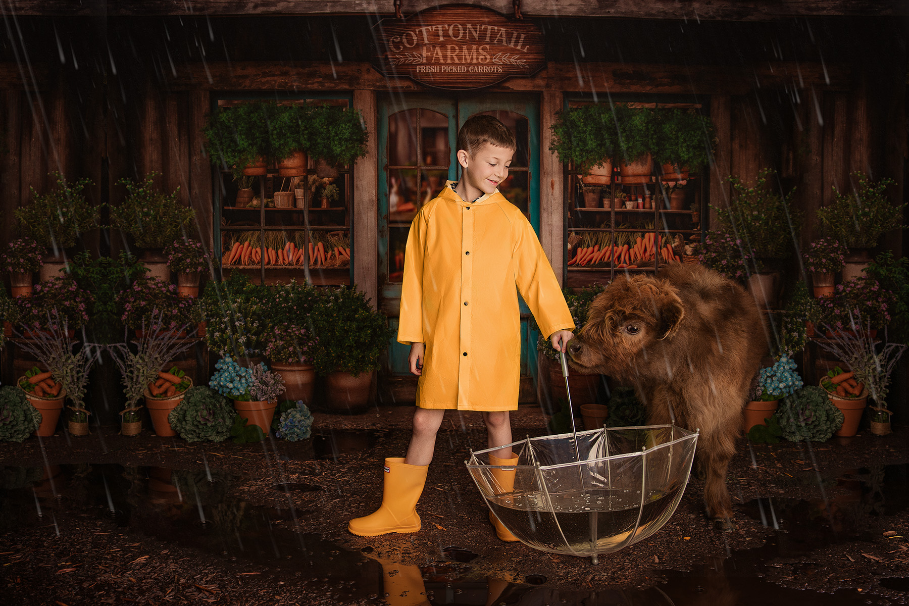 A toddler in a yellow rain coat stands with a clear umbrella next to a highland cow in a studio after visiting preschools in Peoria, IL