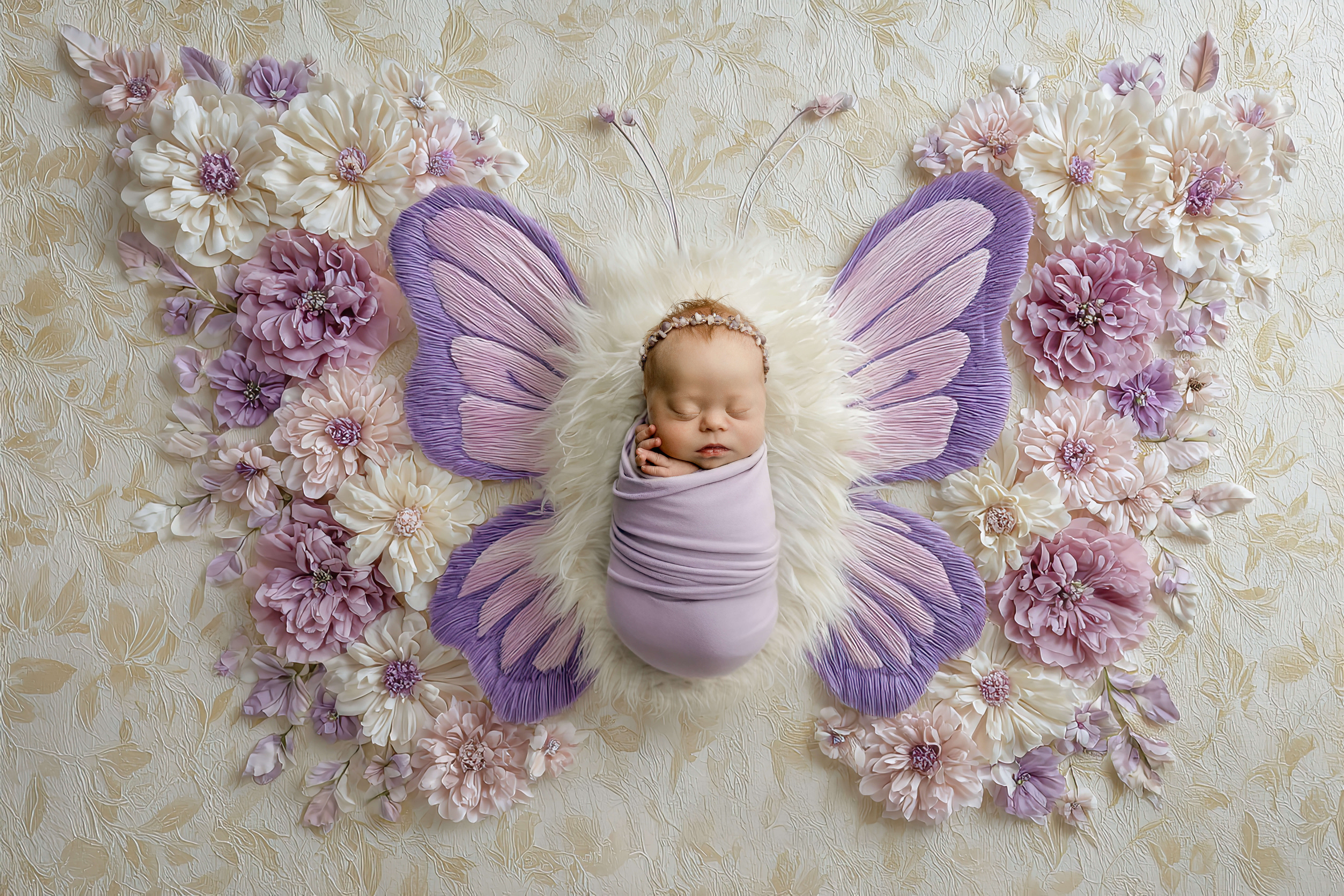A sleeping newborn baby girl in a pink swaddle on butterfly wings and flowers after mom enjoyed a prenatal massage in peoria il