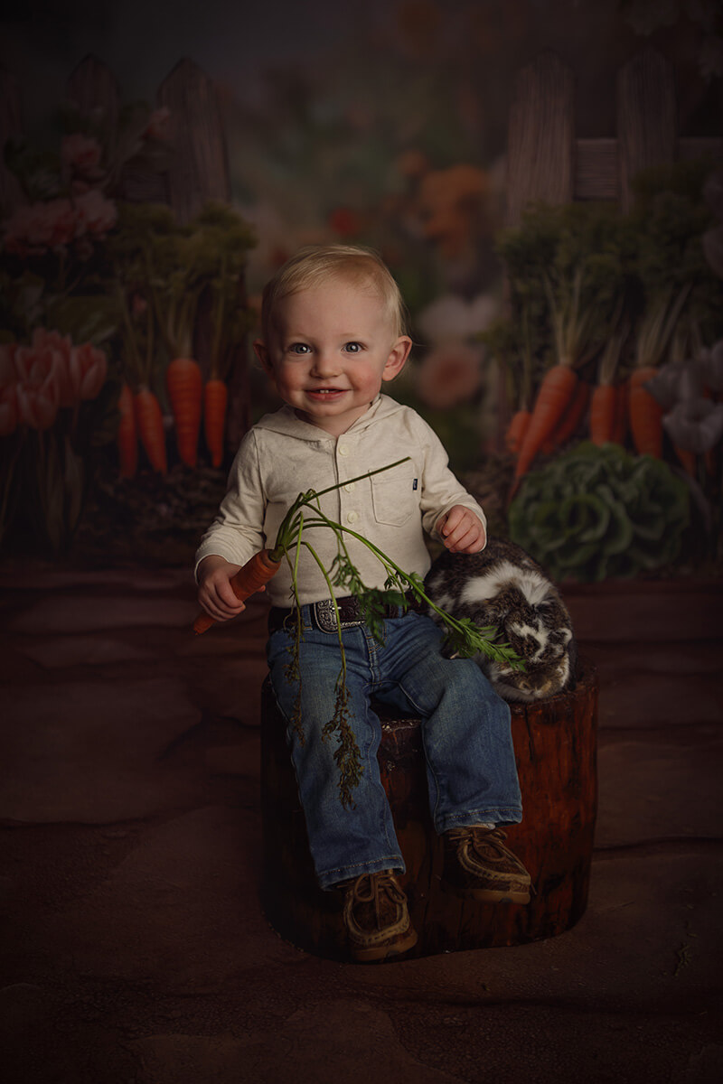 A giggling toddler in jeans and button down holds a carrot in a studio while sitting on a stump after visiting preschools in Peoria, IL