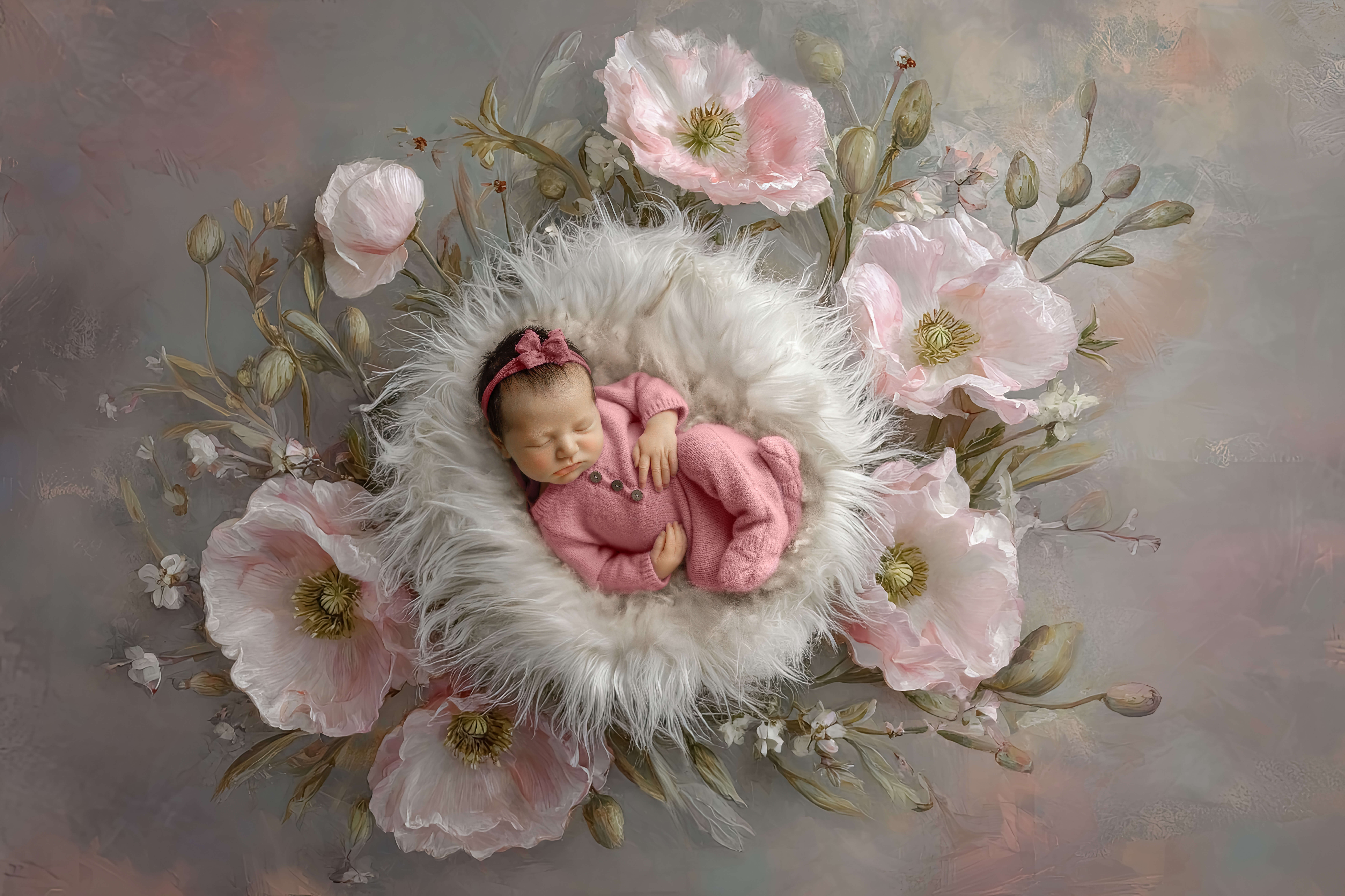 A sleeping newborn on a white fur bed on a flower oil painting in a pink onesie and bow after mom had a 3d ultrasound in champaign il