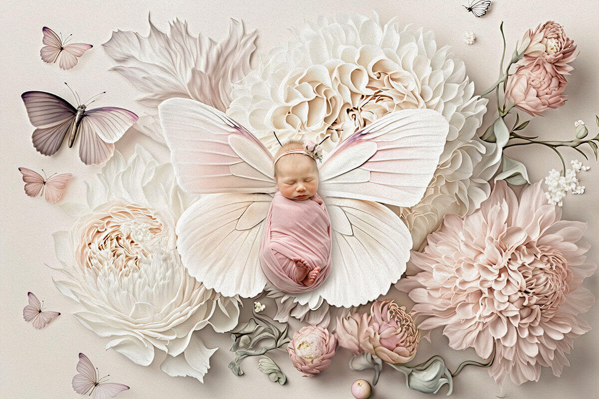 A newborn girl in a pink swaddle sleeping on butterfly wings and a bed of flowers