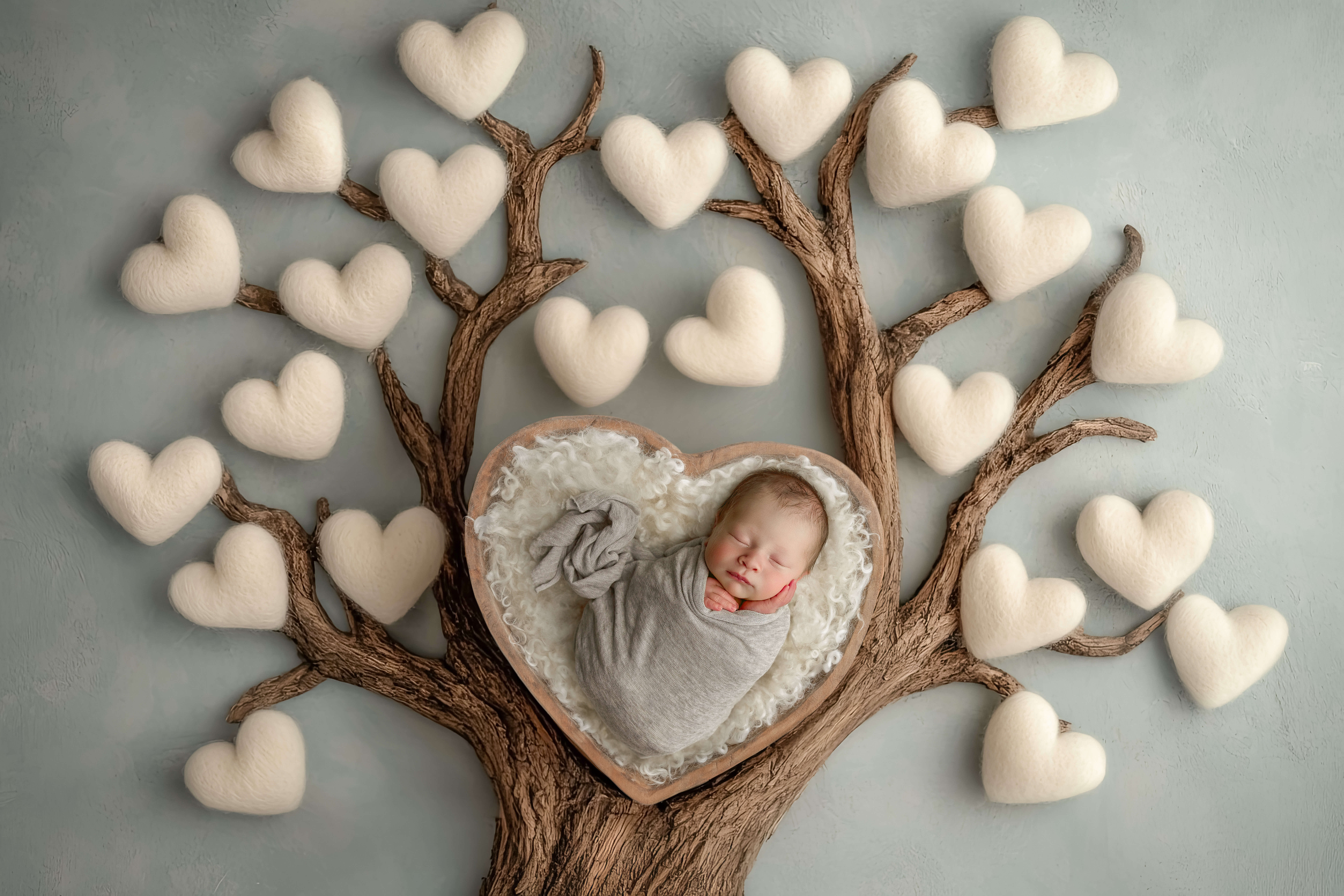 A sleeping newborn in a heart shaped wood bowl in a tree with felt heart leaves