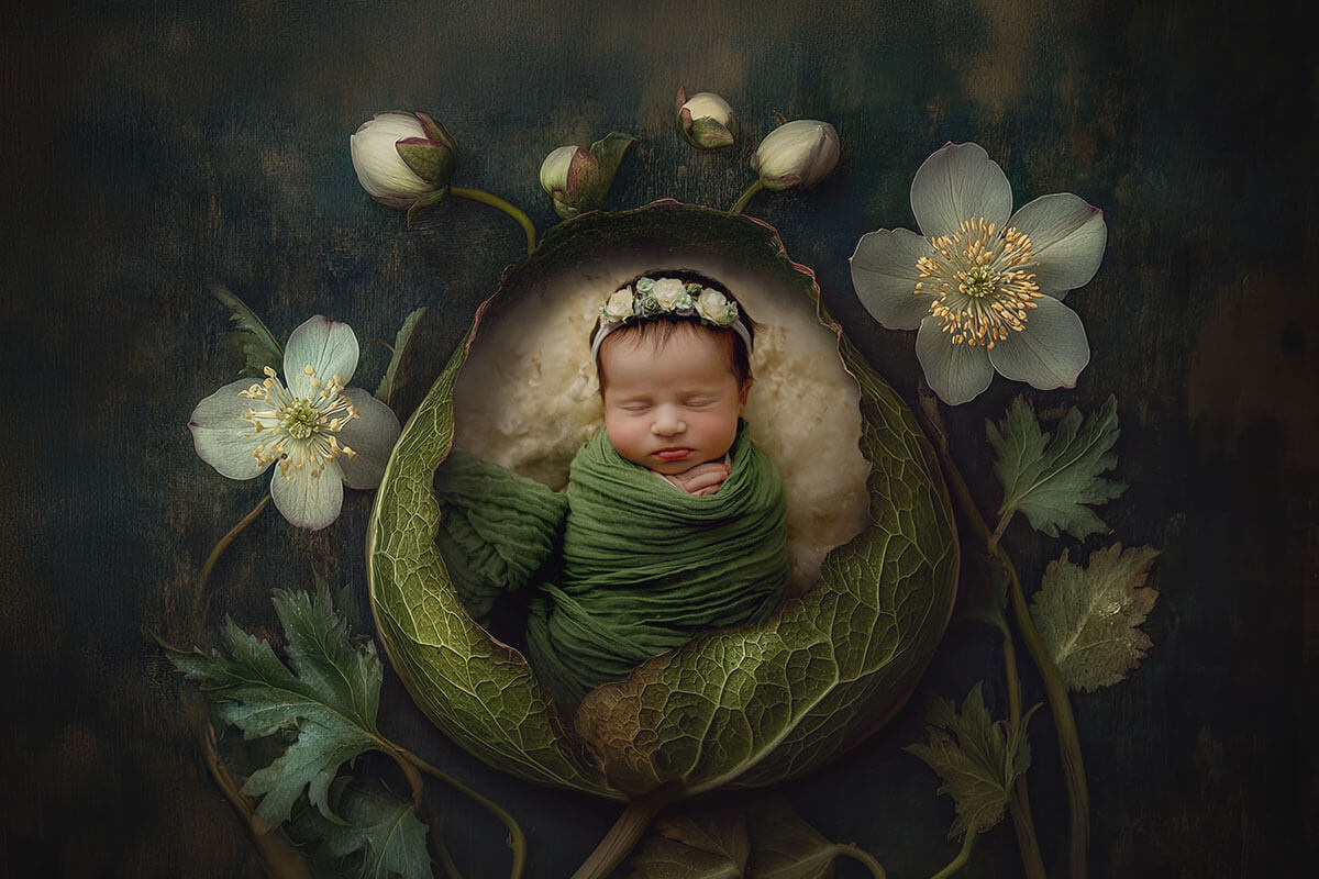 A sleeping newborn girl in a flower bud wrapped in a green swaddle on a painting after mom found pelvic floor therapy in champagin il